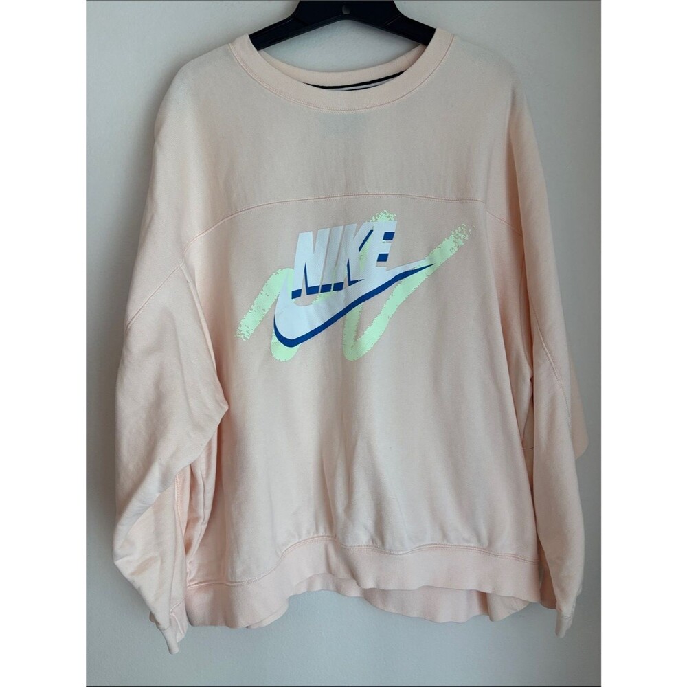 Nike Women's Light Peach retro Crewneck Sweatshirt w/ Neon Accent Logo 2XL EUC